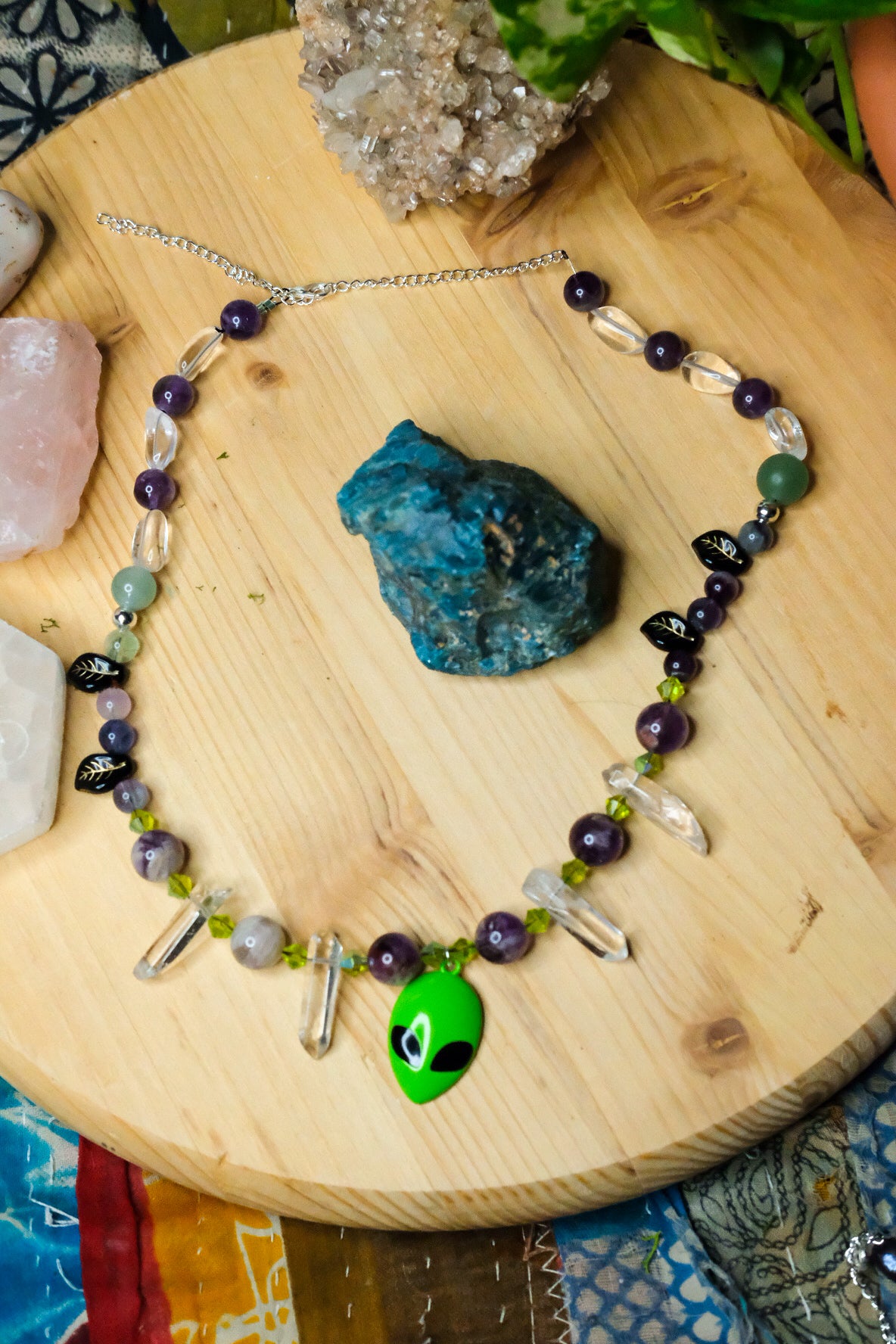 Alien Necklace • Amethyst, Green Aventurine, Clear Quartz Points, Fluorite and Clear quartz