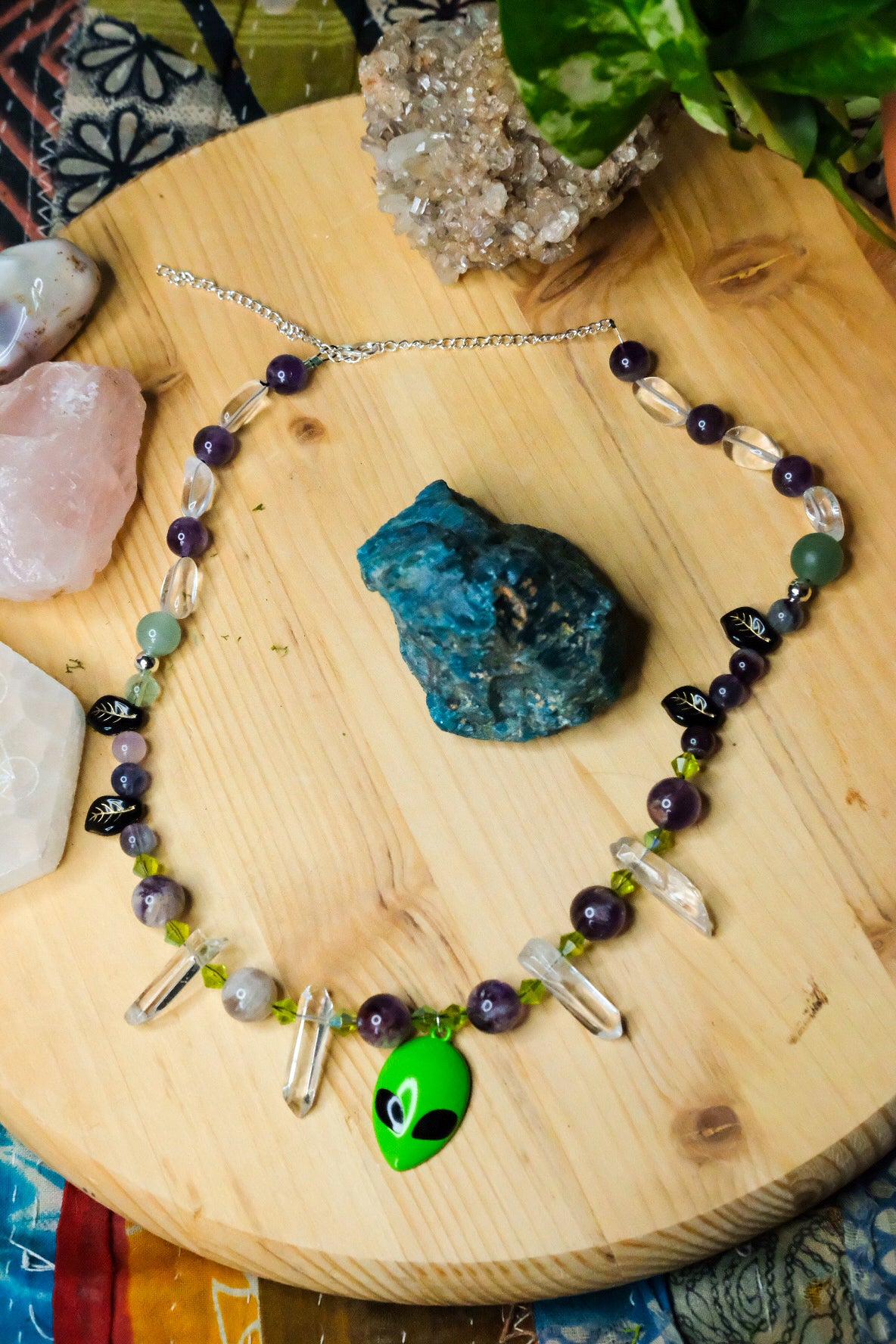 Alien Necklace • Amethyst, Green Aventurine, Clear Quartz Points, Fluorite and Clear quartz