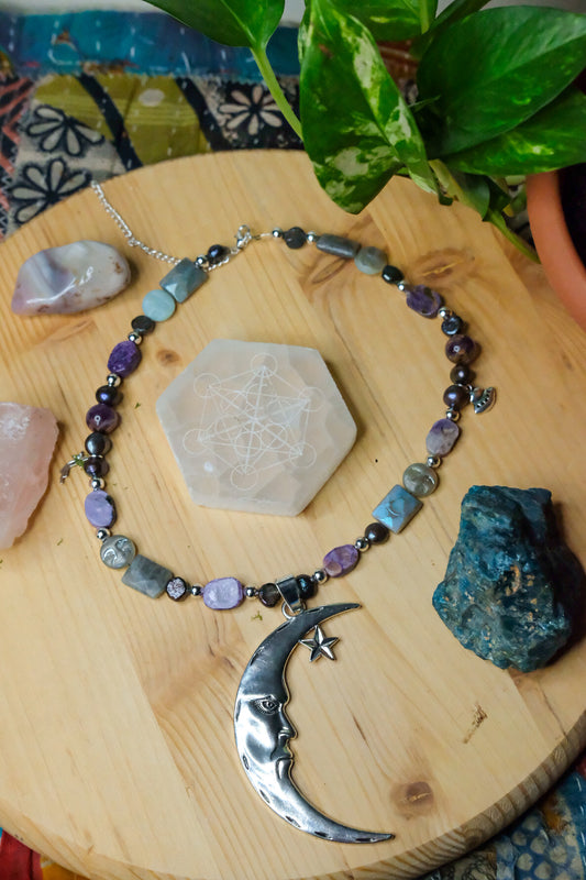 Dreamy Moon⢠Labradorite, Charoite, Super Seven, Glass Beads