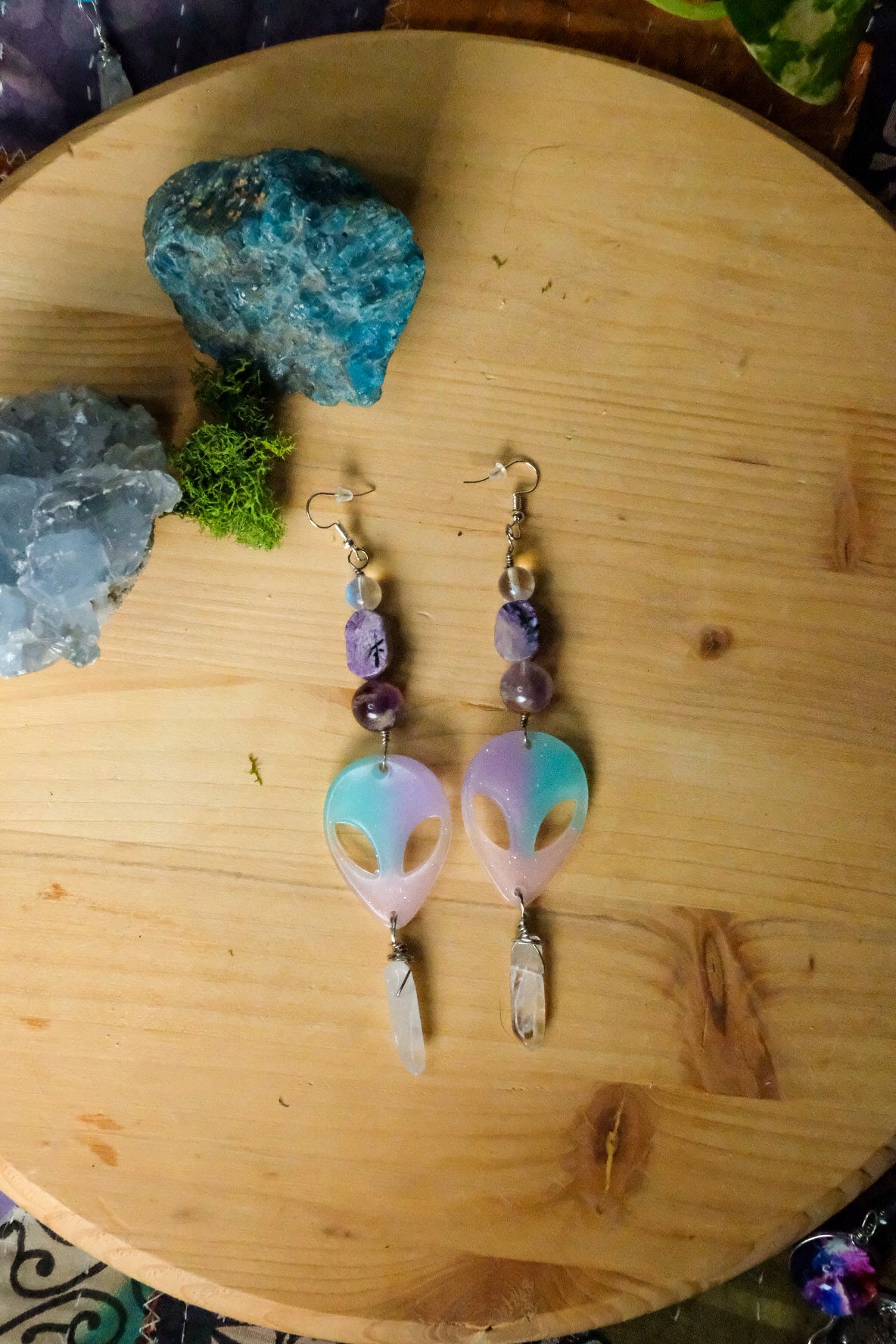 Pastel Alien Earrings• Moonstone Glass Bead, Super Seven, Charoite, Clear Quartz Point