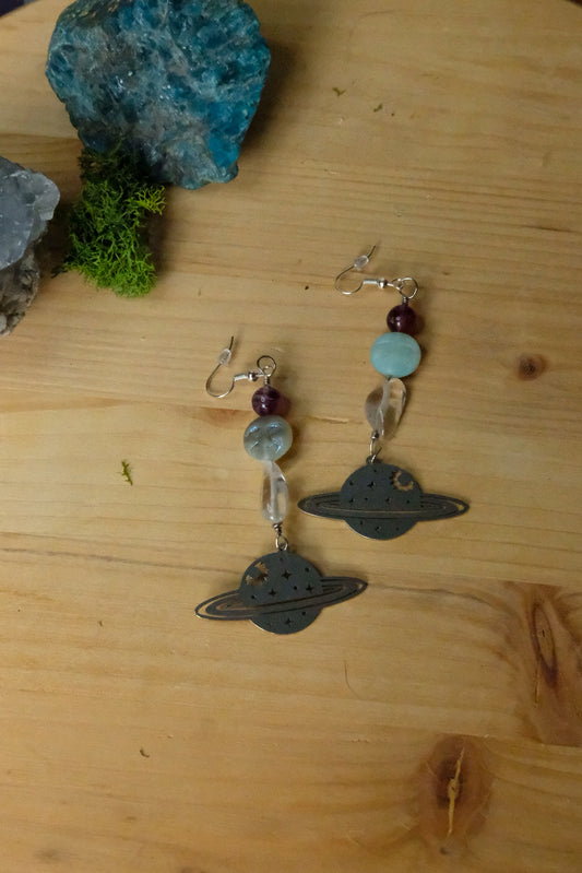 Saturn Earrings• Clear Quartz, Moon Face and Fluorite