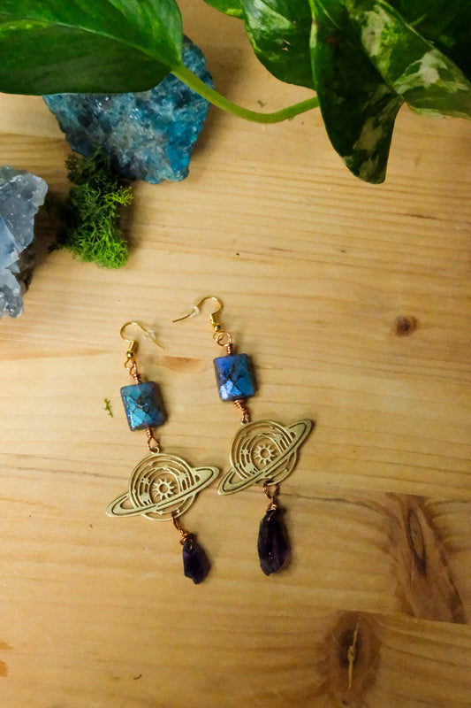 Saturn Earrings• Labradorite, Amethyst Point