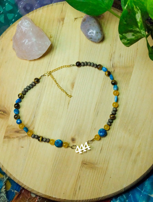 444 Choker • Blue Apatite, Tigers Eye, Yellow Jade, Wooden Beads