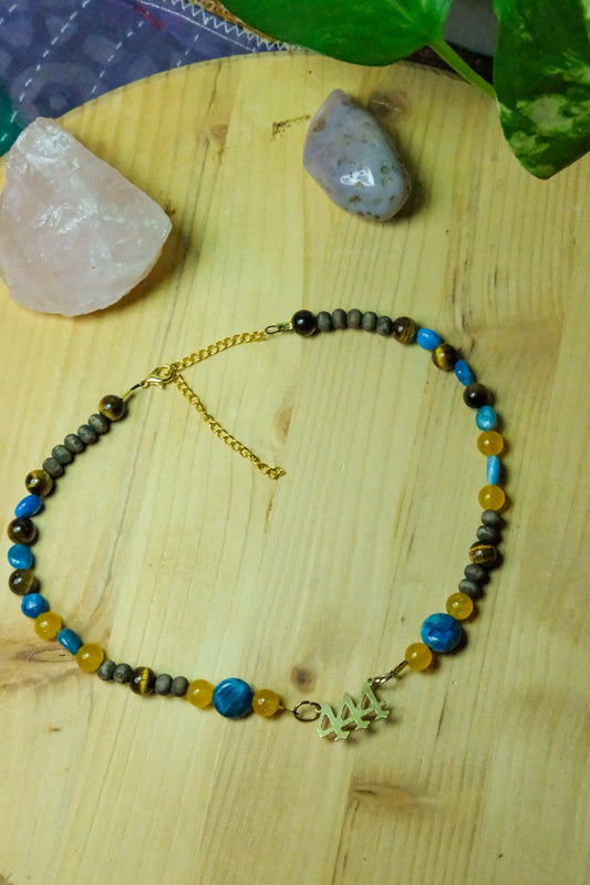 444 Choker • Blue Apatite, Tigers Eye, Yellow Jade, Wooden Beads