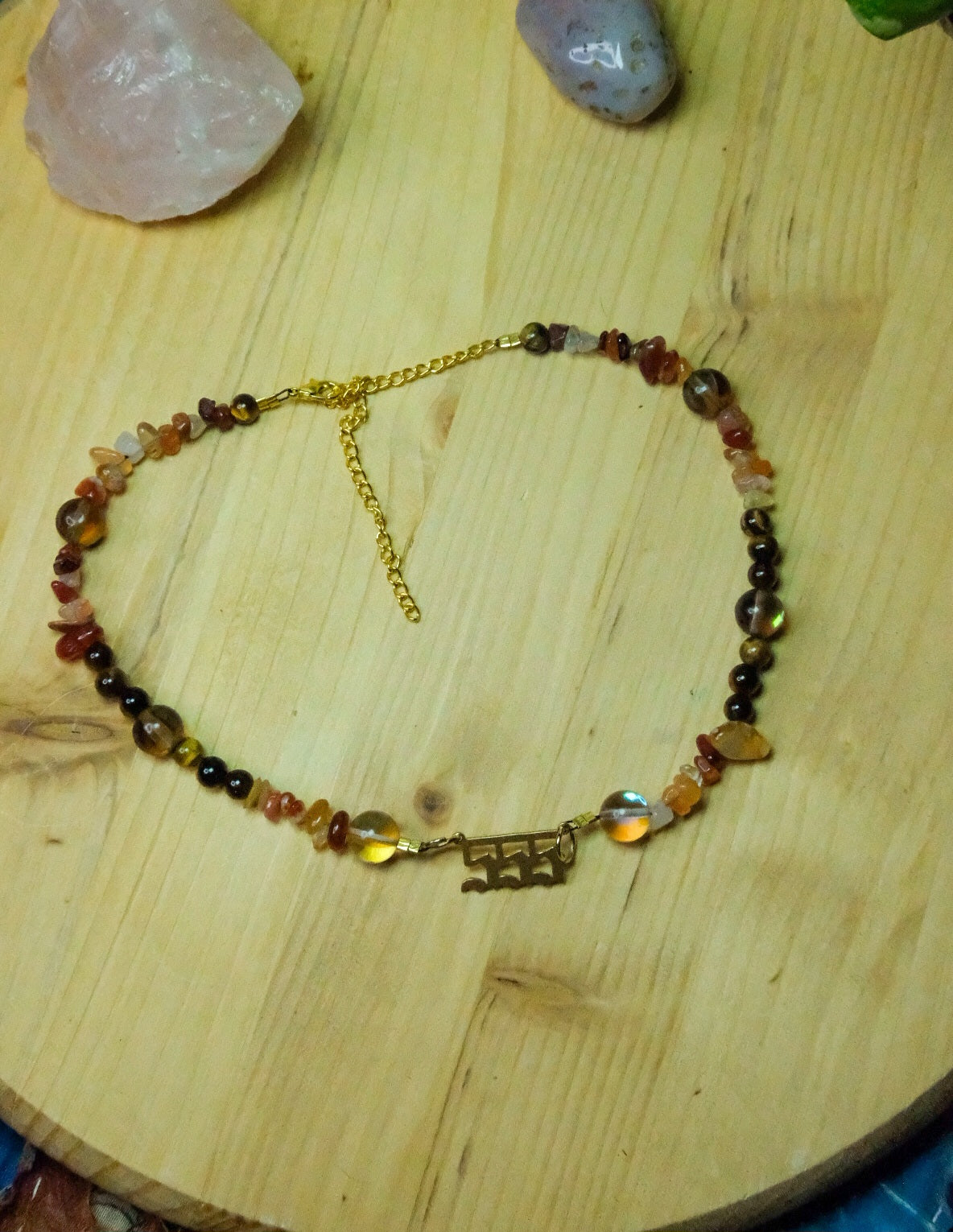 555 Choker•Tigers Eye, Carnelian, Glass Beads