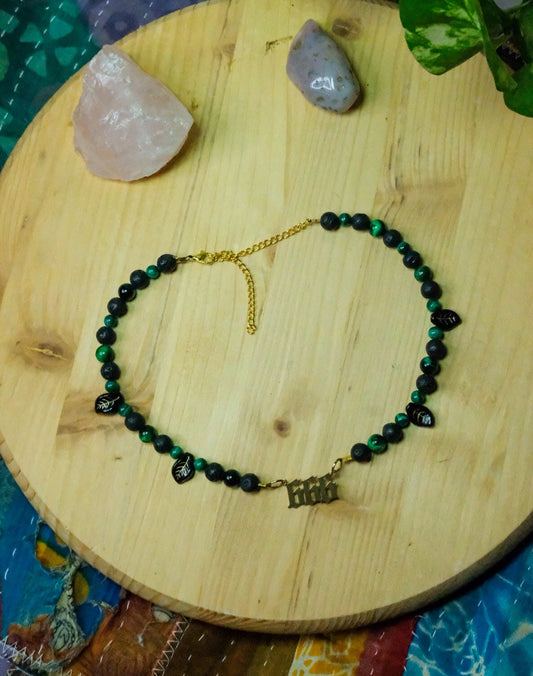 666 Choker• Malachite, Lava Stone, Glass Leaves, Dyed Agate