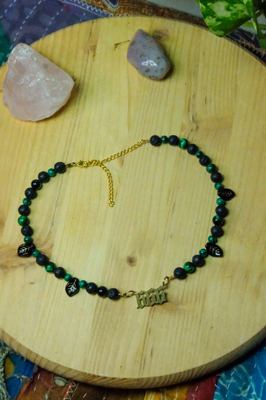 666 Choker• Malachite, Lava Stone, Glass Leaves, Dyed Agate