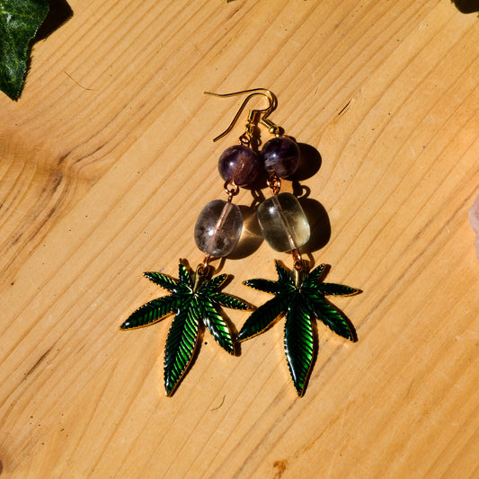 Marijuana Leaf Earrings• Fluorite, Amethyst