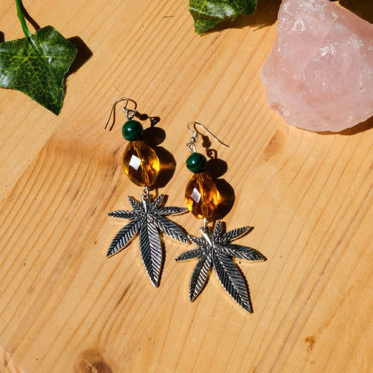 Marijuana Leaf Earrings• Malachite, Glass