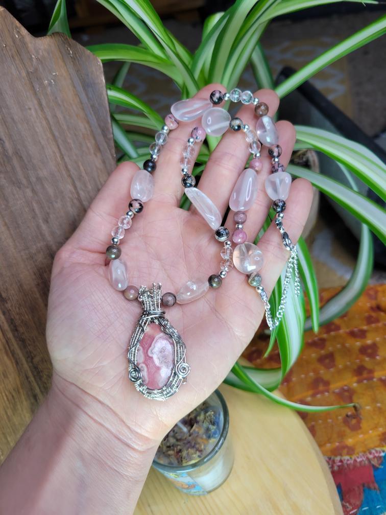 Sherbert• Rhodochrosite Wrapped in Tinned Copper, Rose Quartz, Clear Quartz, Rhodonite