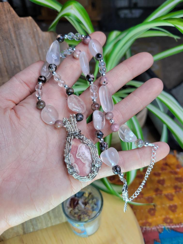 Sherbert• Rhodochrosite Wrapped in Tinned Copper, Rose Quartz, Clear Quartz, Rhodonite