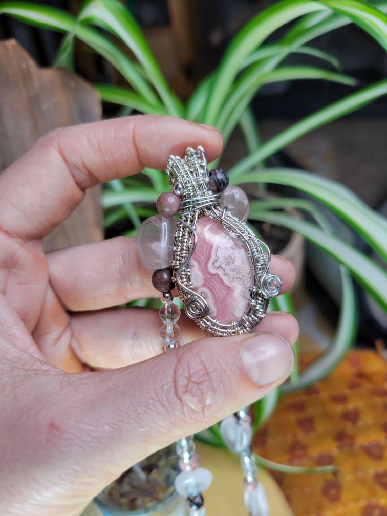 Sherbert• Rhodochrosite Wrapped in Tinned Copper, Rose Quartz, Clear Quartz, Rhodonite
