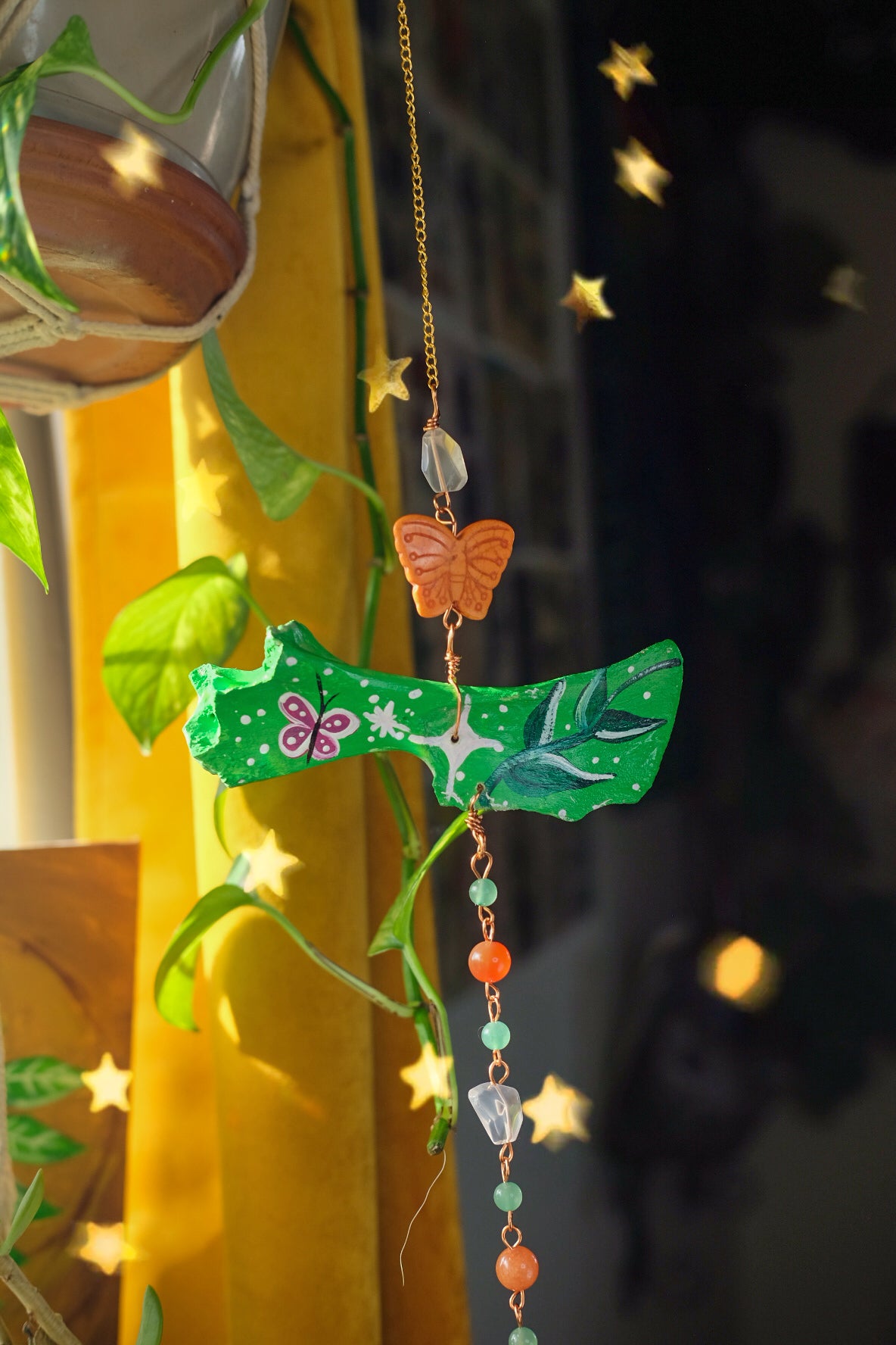 Large Suncatcher• Deer Bone, Butterfly, Rose Quartz and Green Aventurine