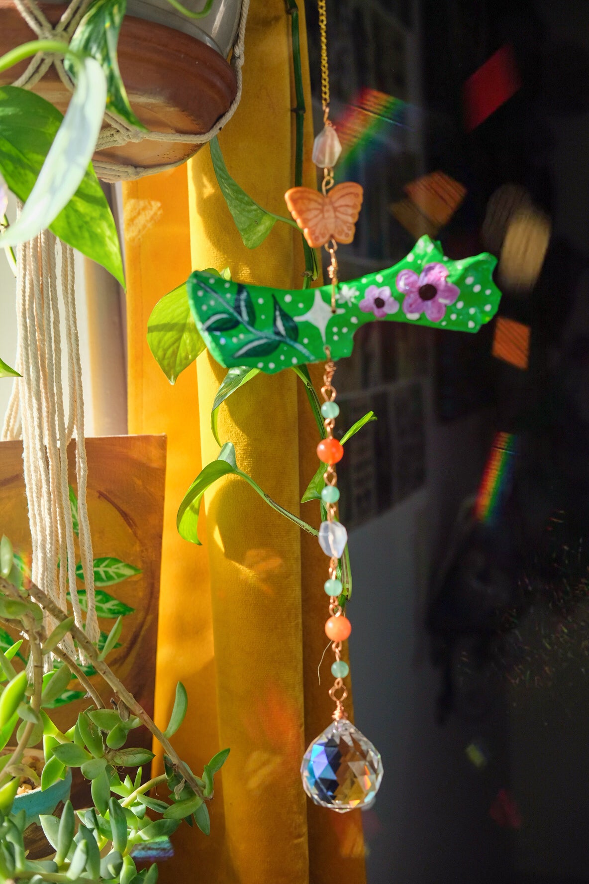 Large Suncatcher• Deer Bone, Butterfly, Rose Quartz and Green Aventurine