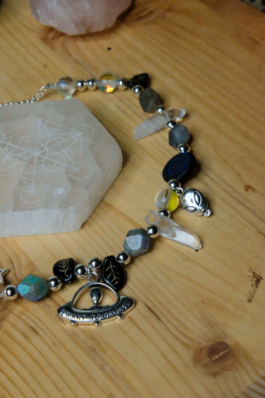 Space Ship Choker • Labradorite, Glass Beads, Clear Quartz