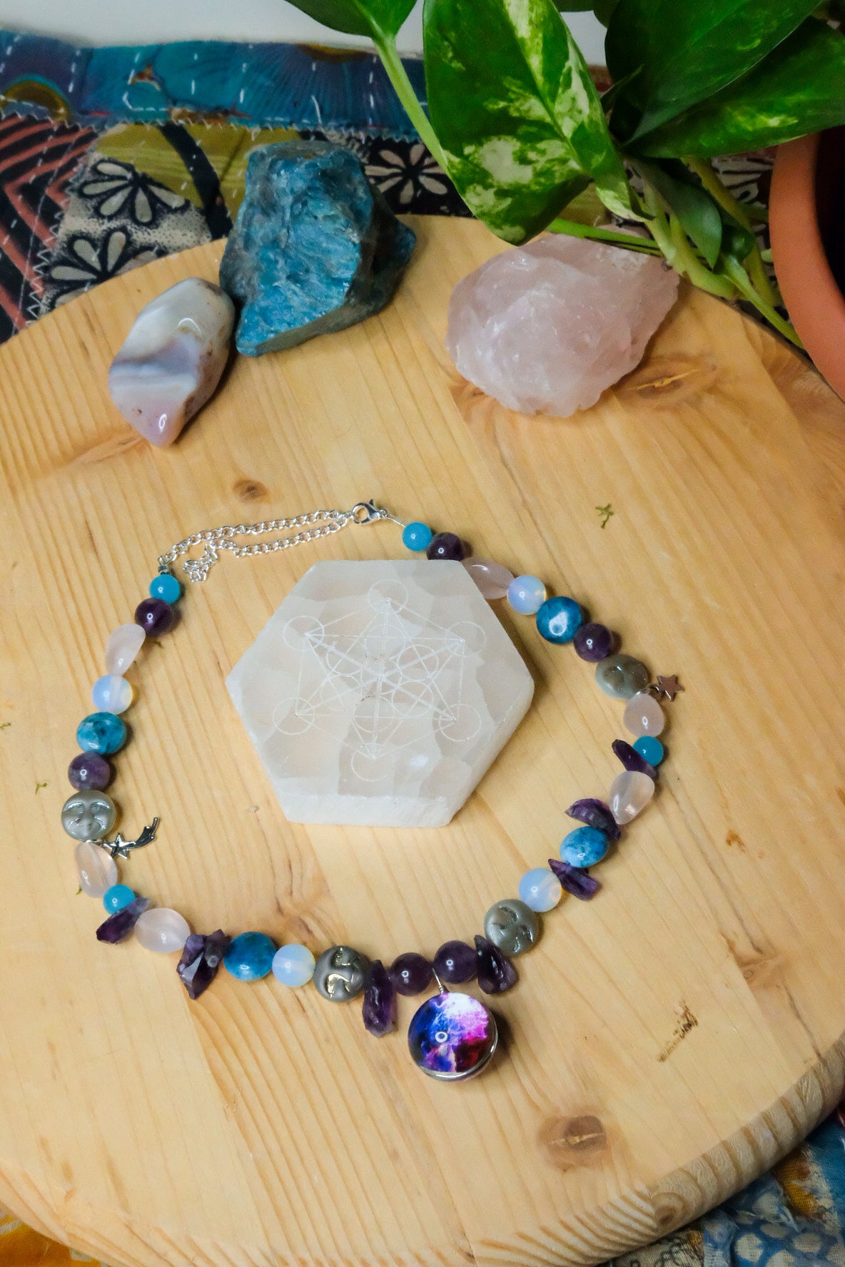 Nebula Choker • Blue Apatite, Rose Quartz, Amethyst, Glass Beads