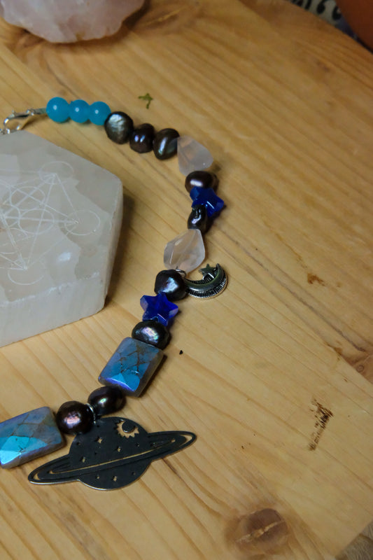 Saturn Choker • Labradorite, Glass Beads, Clear Quartz, Blue Quartz