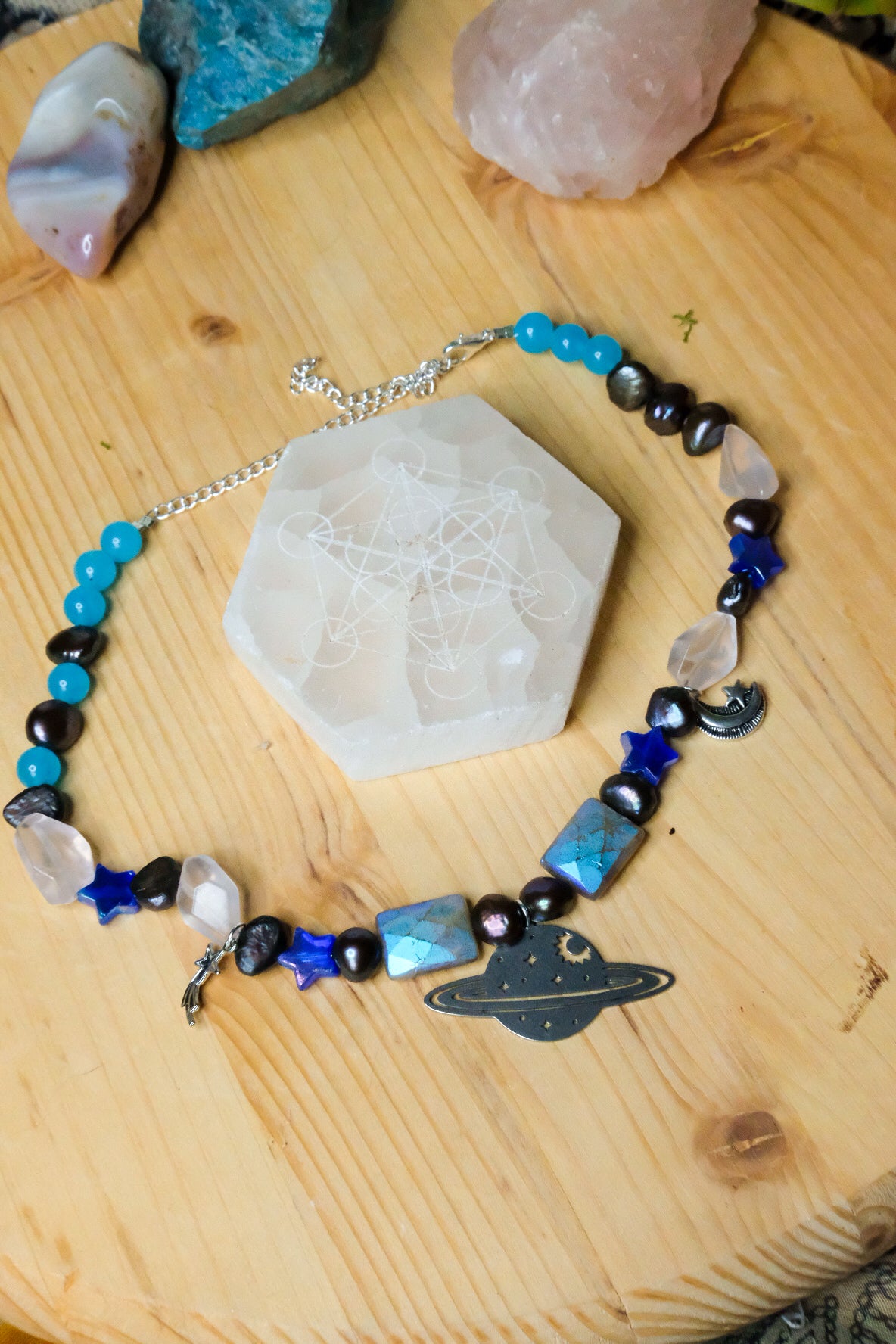 Saturn Choker • Labradorite, Glass Beads, Clear Quartz, Blue Quartz