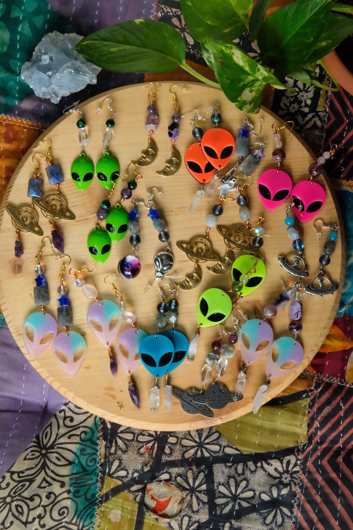 Pastel Alien Earrings• Moonstone Glass Bead, Super Seven, Charoite, Clear Quartz Point