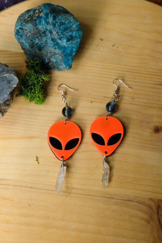 Orange Alien Earrings• Glass Bead, Clear Quartz