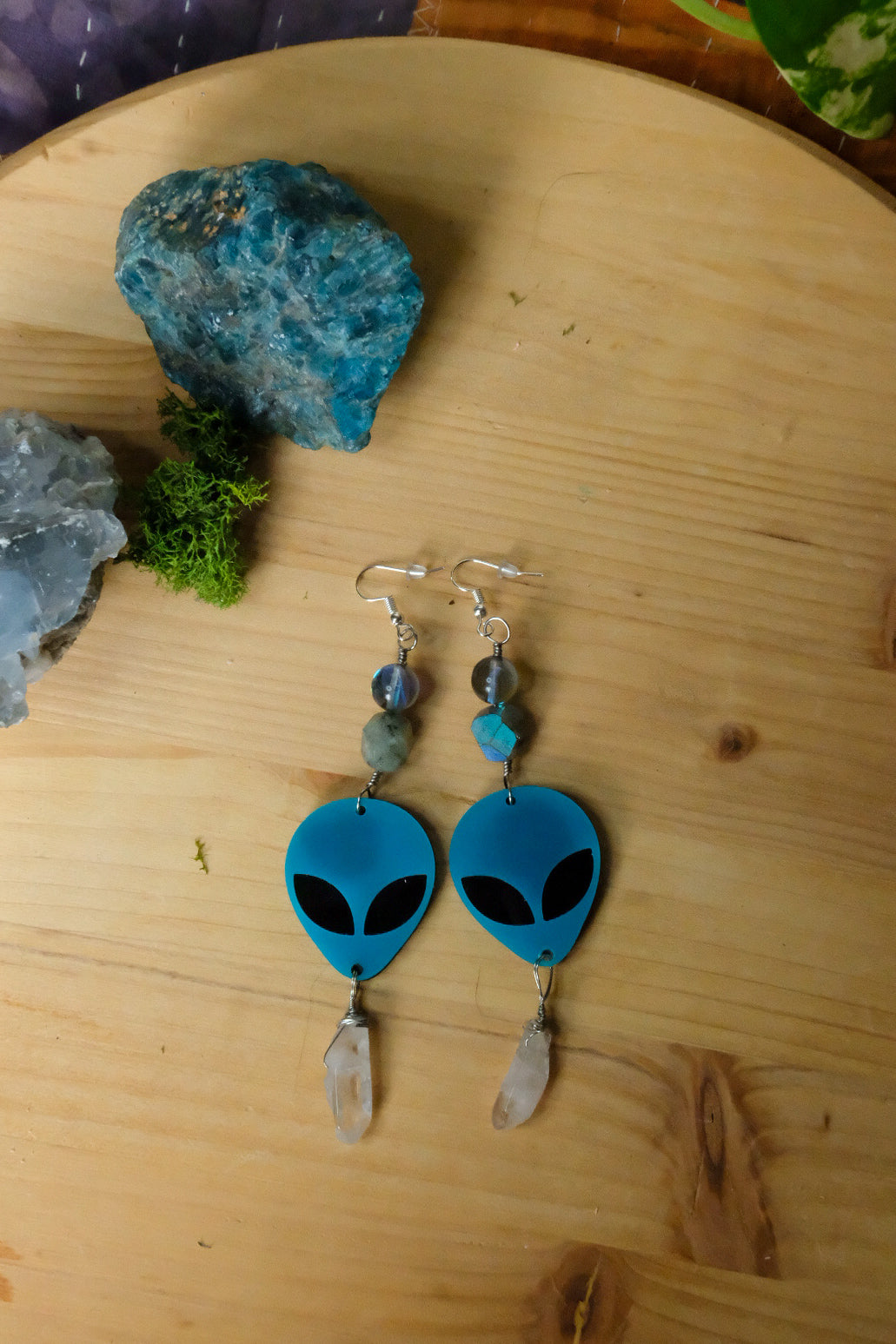 Blue Alien Earrings• Glass Bead, Clear Quartz, Labradorite