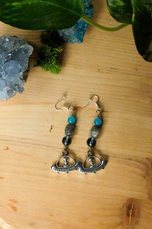 Spaceship Earrings• Glass Bead, Blue Quartz, Labradorite