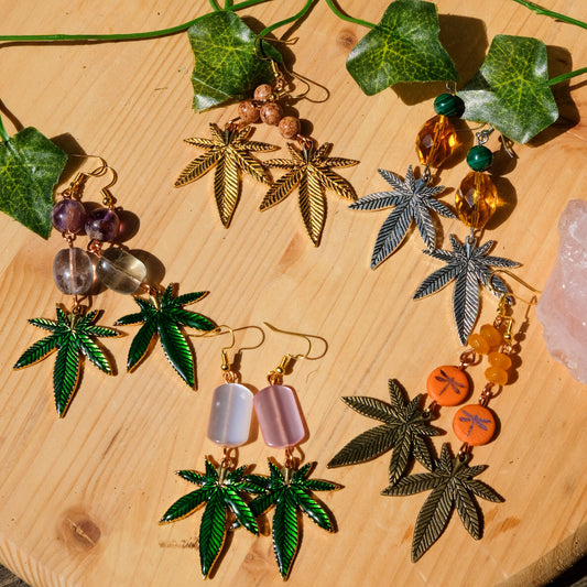 Marijuana Leaf Earrings• Malachite, Glass