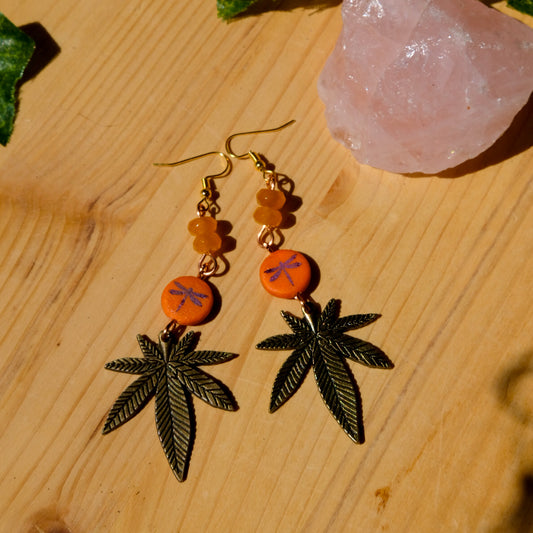 Marijuana Leaf Earrings• Dragonfly, Jade