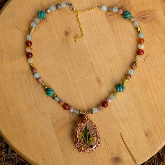 Flower Fields• Resin Weed leaf, Carnelian, Sunstone, Prehnite