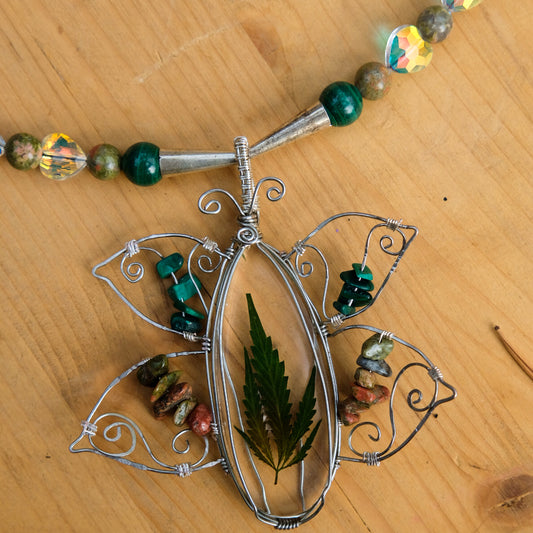 Fairy Potmother- Resin Cannabis Leaf, Malachite, Unakite, Prisms