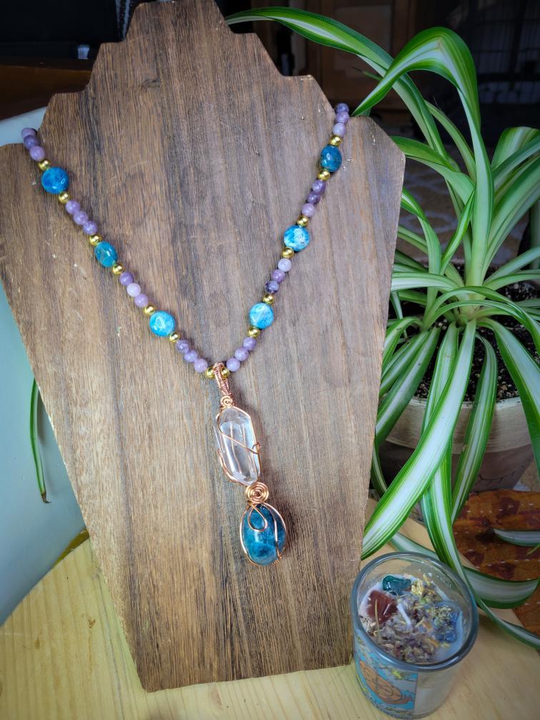 Hale • Blue Apatite and Clear Quartz Wrapped in Copper, Amethyst, Blue Apatite