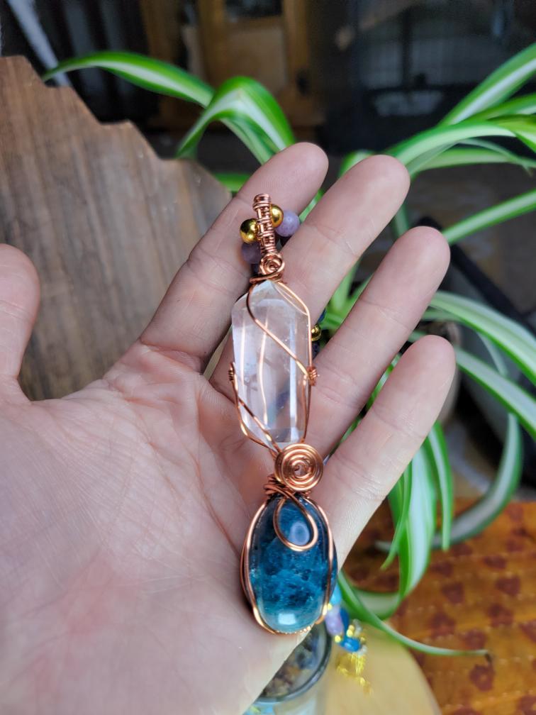 Hale • Blue Apatite and Clear Quartz Wrapped in Copper, Amethyst, Blue Apatite