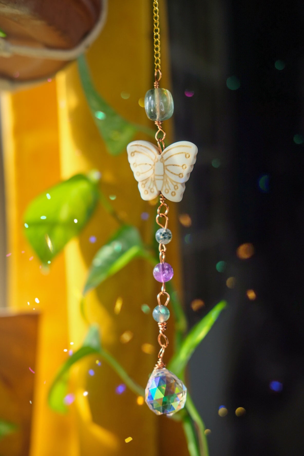 Mini Suncatcher • Butterfly, Fluorite, Amethyst, Glass Beads