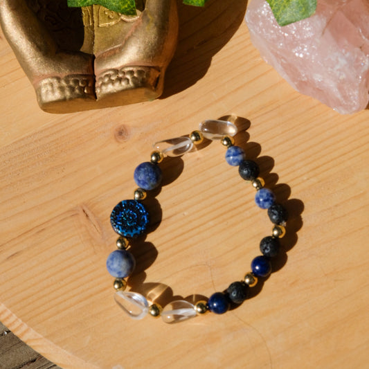 Blue Swirl Bracelet• Sodalite, Lava Stone Clear Quartz
